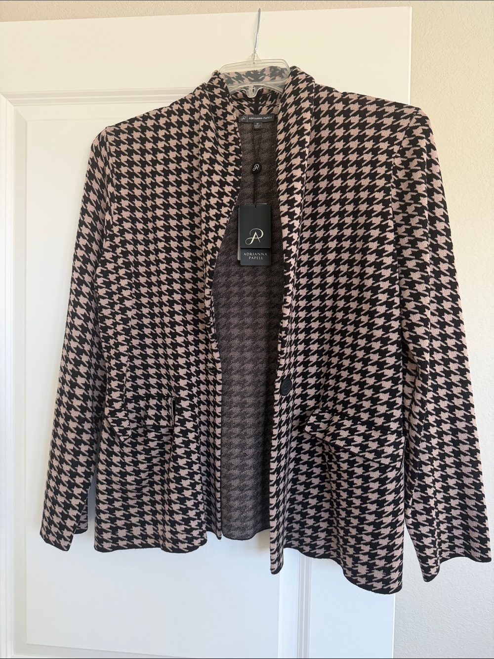 Adrianna Papell Pink and Black Houndstooth Open-Front Jacket